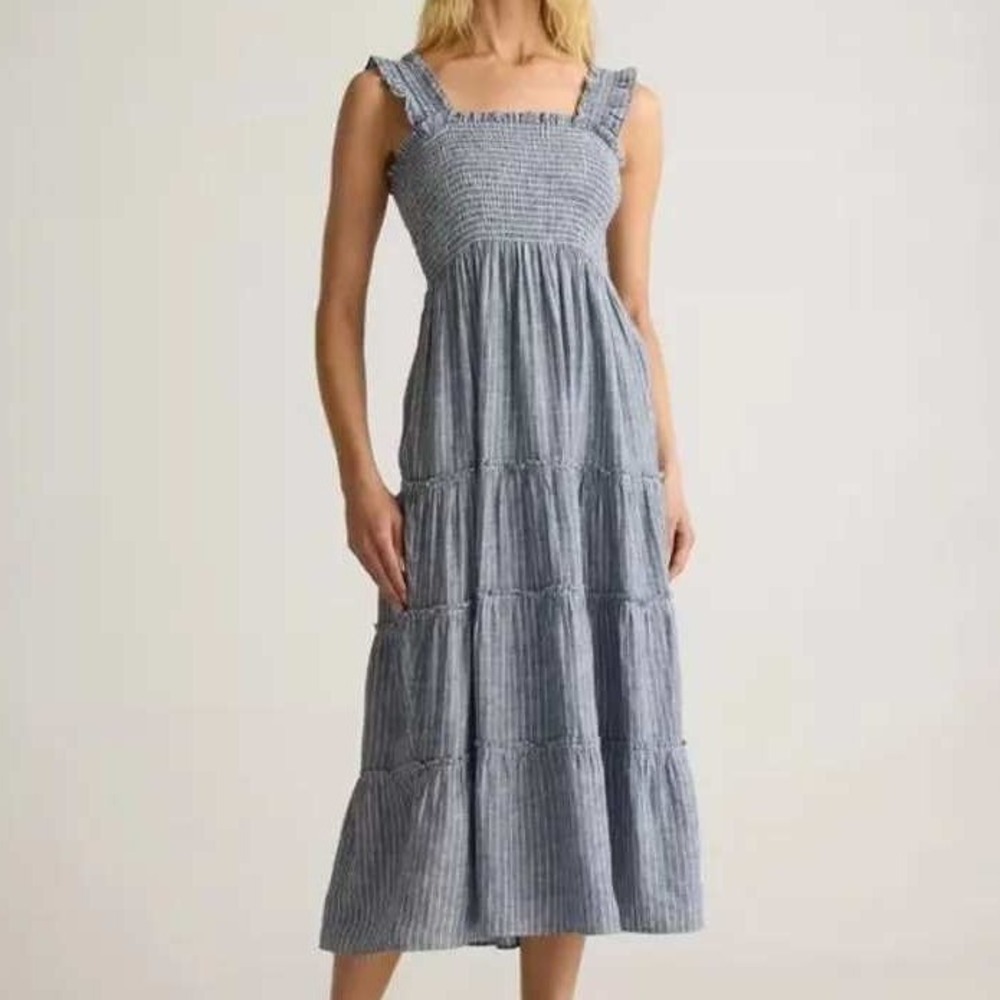 Quince Dress Womens M Blue Linen Smocked Midi Tiered Coastal Cottagecore Summer